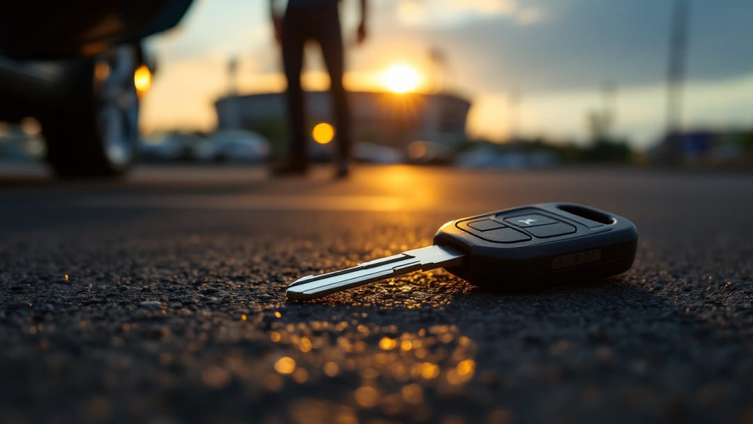 VIN-cut car key being code-cut on a mobile key machine near a car windshield VIN plate in Arlington TX