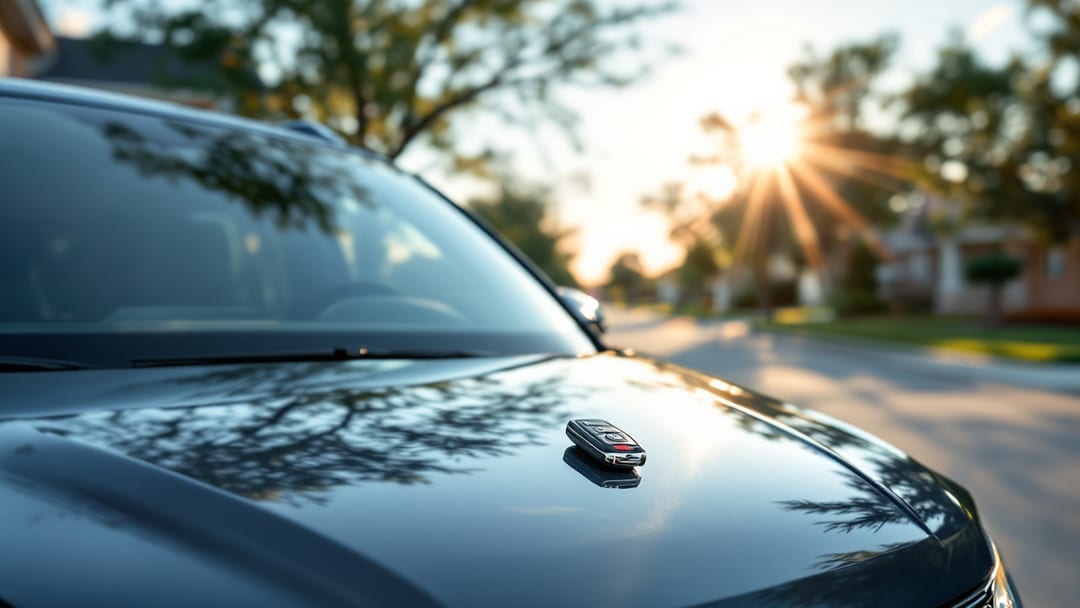 A gray Volkswagen Tiguan parked in an Arlington Texas neighborhood with a VW flip key and locksmith programming tool resting on the hood in morning light.