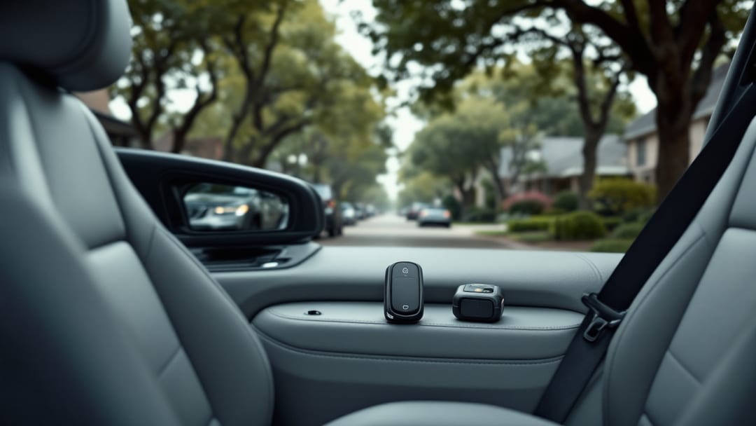 Volvo SUV in a tree-lined Arlington TX driveway with a smart key fob and programming tool on the front seat in soft overcast light