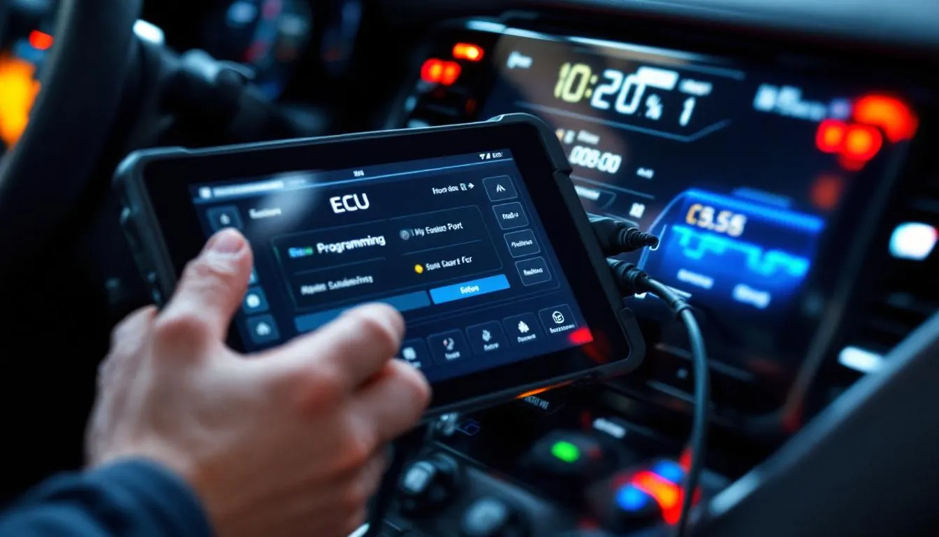 Automotive diagnostic tablet showing ECU programming interface with OBD-II cables