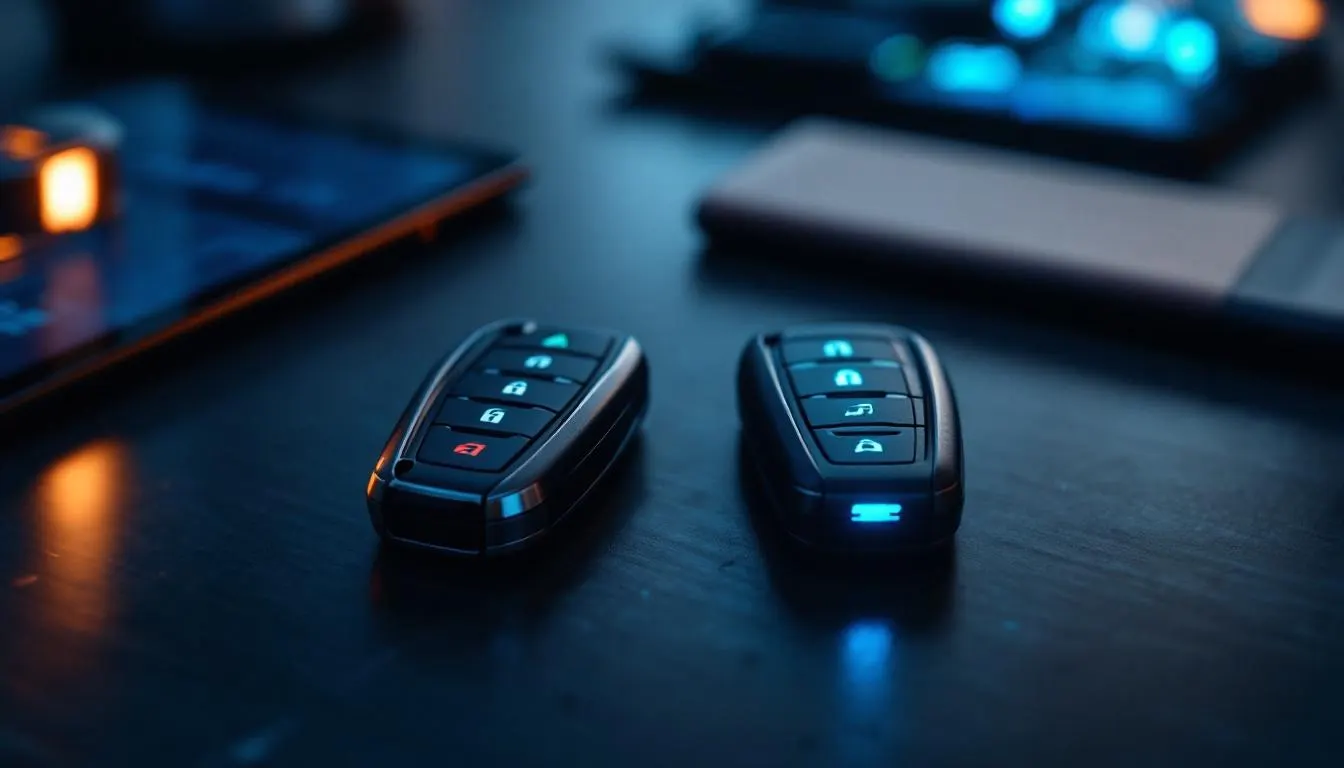 Two identical car key fobs side by side on a workshop bench during cloning
