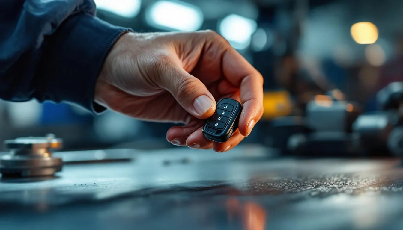 Professional locksmith holding a freshly programmed car smart key fob