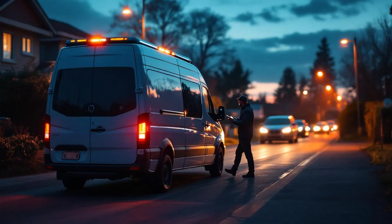 Mobile locksmith service van with hazard lights at a residential driveway at dusk