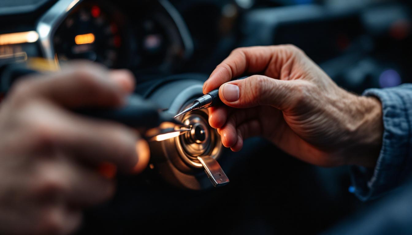 Locksmith servicing a modern car ignition cylinder with precision tools