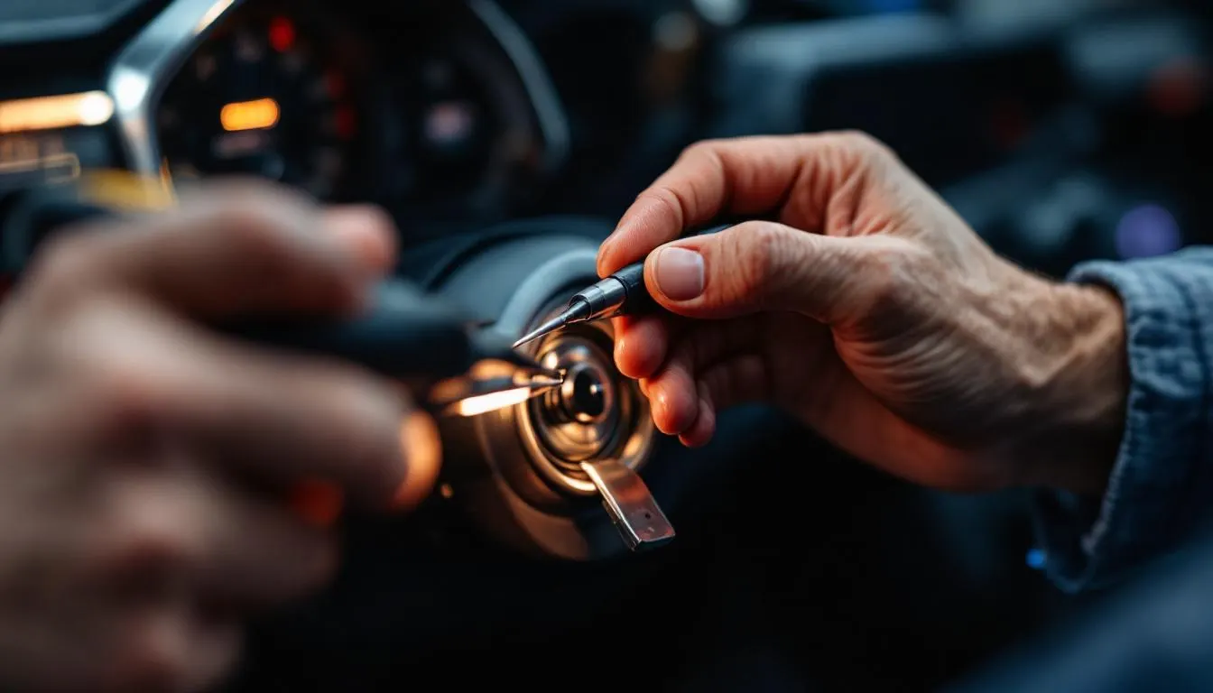 Locksmith servicing a modern car ignition cylinder with precision tools