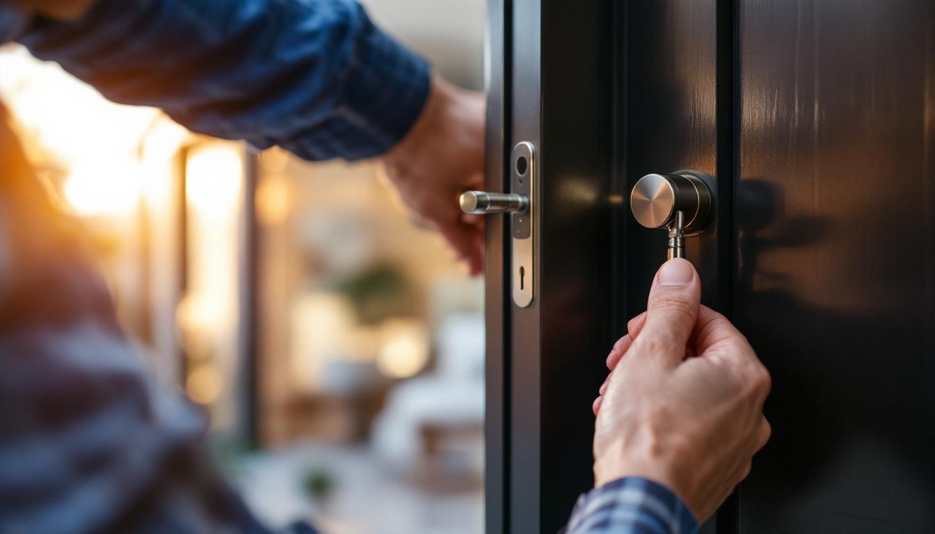 Locksmith installing a high-security smart deadbolt on a residential door