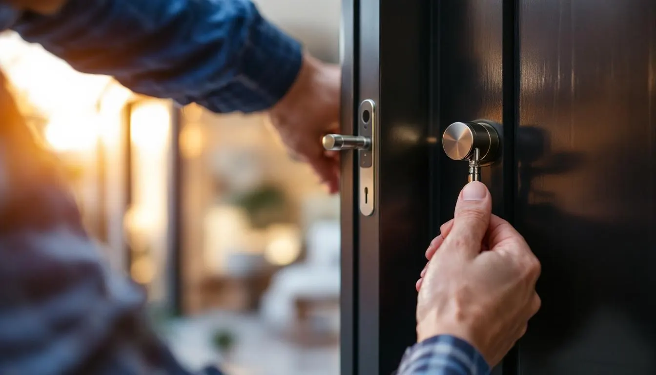 Locksmith installing a high-security smart deadbolt on a residential door