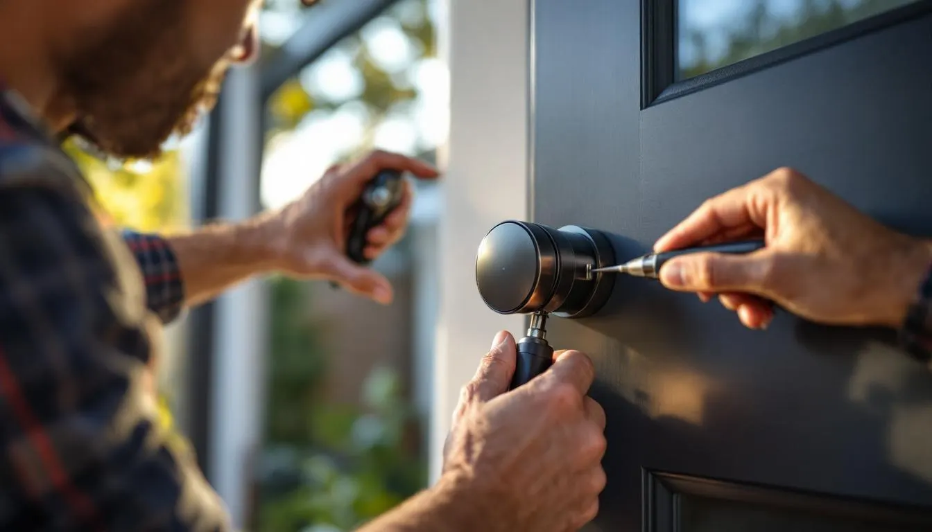 Residential smart deadbolt being installed on a modern Texas home front door